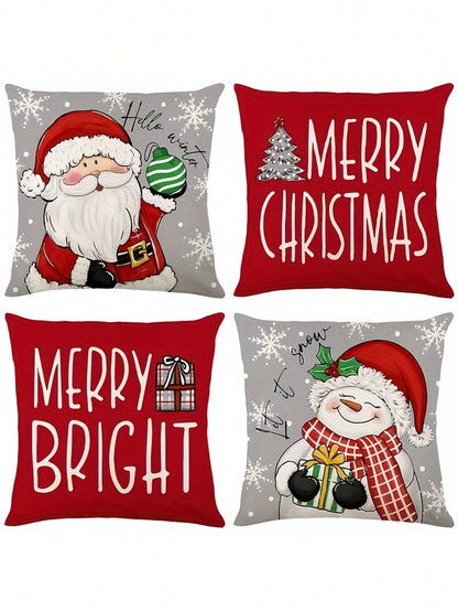 4 Pcs/Set Christmas Pillow Set - Santa Claus And Snowman Hello Winter Design, Machine Washable, 18x18 Inch Zipper Closure - Anti Fouling Linen Material, Suitable For Home, Car, Bedroom, Sofa, Office And Various Rooms - Does Not Include Fillers Multicolor