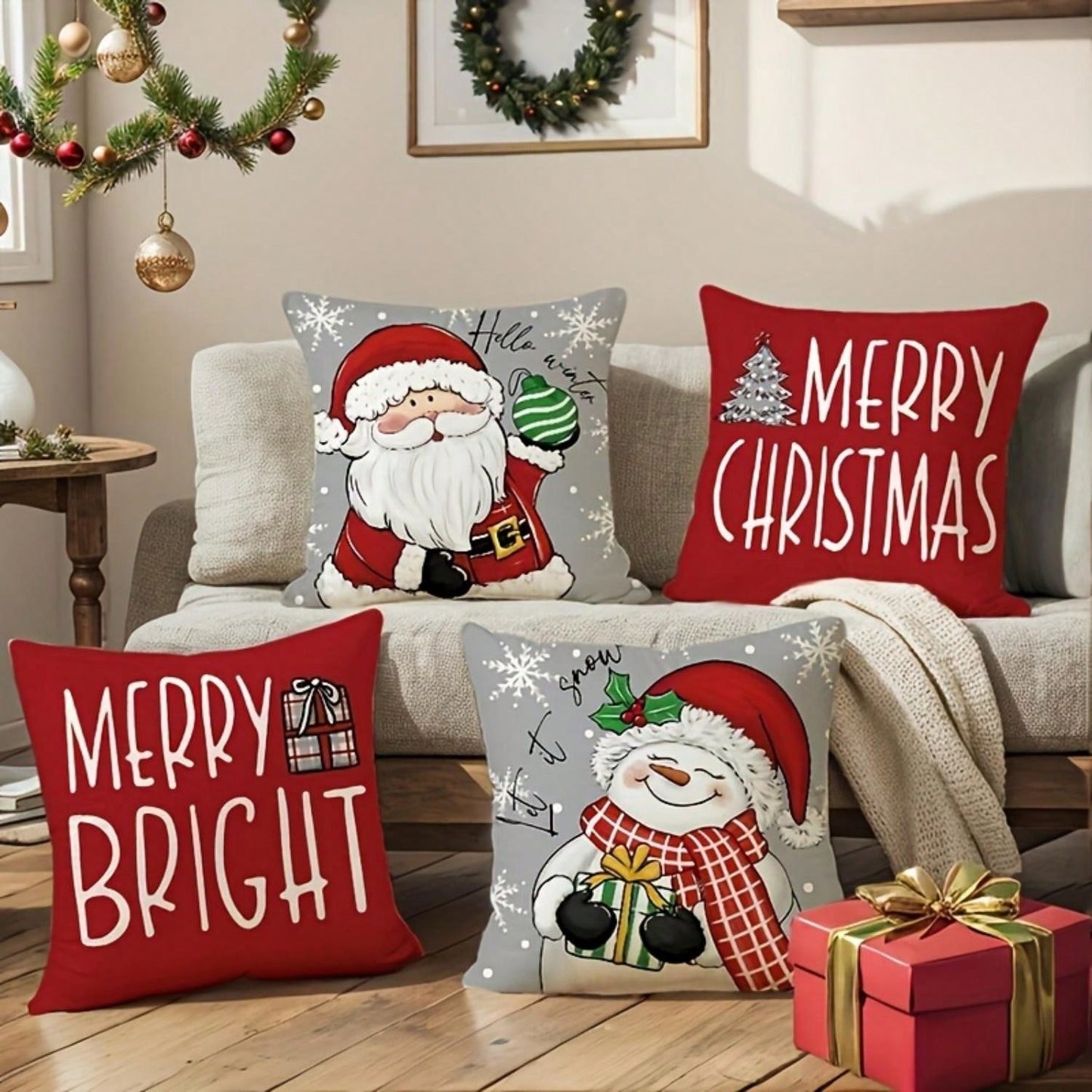 4 Pcs/Set Christmas Pillow Set - Santa Claus And Snowman Hello Winter Design, Machine Washable, 18x18 Inch Zipper Closure - Anti Fouling Linen Material, Suitable For Home, Car, Bedroom, Sofa, Office And Various Rooms - Does Not Include Fillers Multicolor