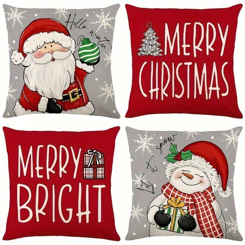 4 Pcs/Set Christmas Pillow Set - Santa Claus And Snowman Hello Winter Design, Machine Washable, 18x18 Inch Zipper Closure - Anti Fouling Linen Material, Suitable For Home, Car, Bedroom, Sofa, Office And Various Rooms - Does Not Include Fillers Multicolor