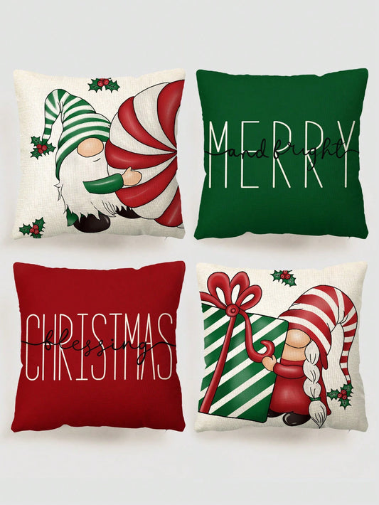 4pcs Christmas-Themed Hand-Painted Candy & Letter Graphic Cushion Covers, Without Insert, Creative European & American Style Linen Print Square Pillow Covers, Suitable For Living Room, Bedroom, Home Decor, Sofa & Car Pillows, All Seasons Multicolor