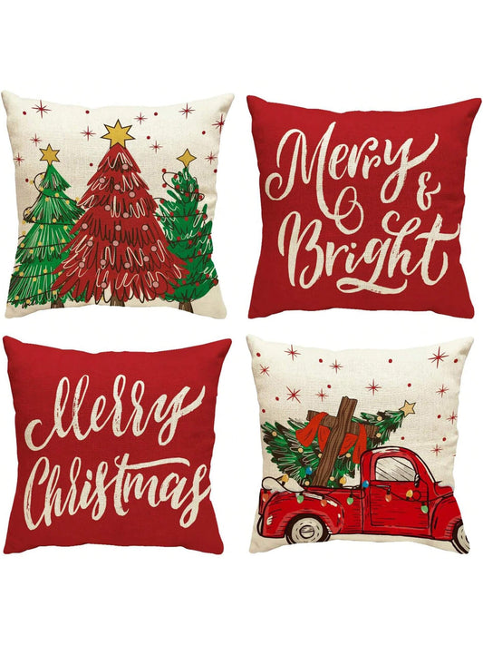 4pcs Christmas Tree Truck Pillow Cover Snowflake Merry Christmas Cartoon Cute Farmhouse Vintage Winter Linen Trim Cushion Cover For Living Room Bedroom Sofa Single Sided No Pillow Core Red, White and Green