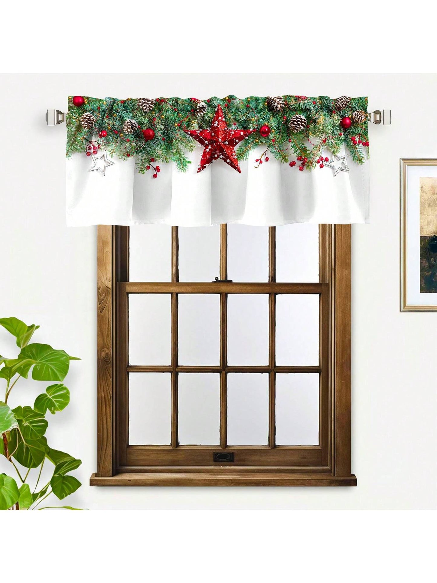 1pc Christmas Polyester Valance Christmas Curtain Head,White Rod Pocket Curtain For Living Room Kitchen Holiday Christmas Decorations Cabinet Cafe Home Decor, 52*18in White