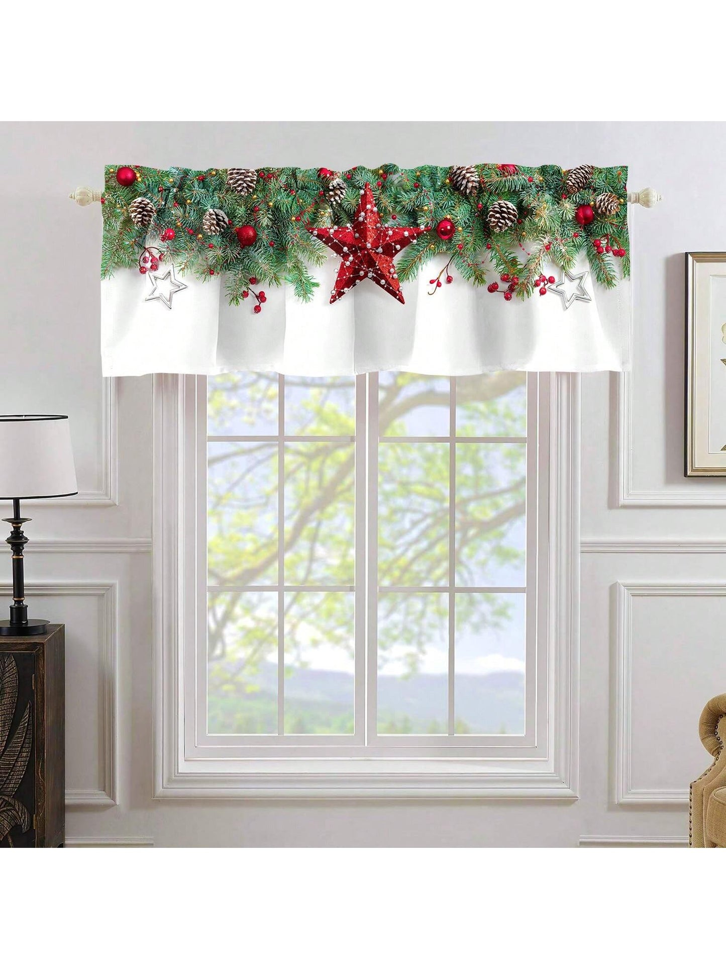 1pc Christmas Polyester Valance Christmas Curtain Head,White Rod Pocket Curtain For Living Room Kitchen Holiday Christmas Decorations Cabinet Cafe Home Decor, 52*18in White