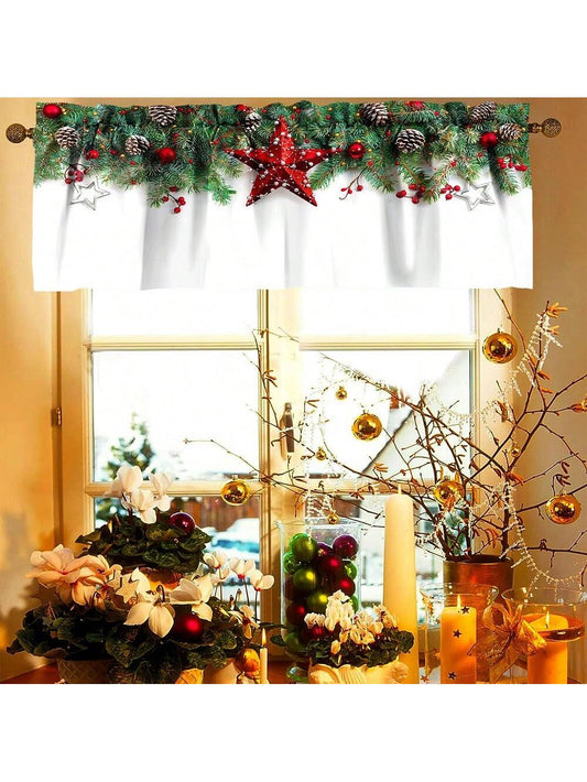 1pc Christmas Polyester Valance Christmas Curtain Head,White Rod Pocket Curtain For Living Room Kitchen Holiday Christmas Decorations Cabinet Cafe Home Decor, 52*18in White