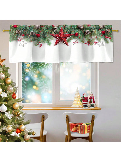 1pc Christmas Polyester Valance Christmas Curtain Head,White Rod Pocket Curtain For Living Room Kitchen Holiday Christmas Decorations Cabinet Cafe Home Decor, 52*18in White