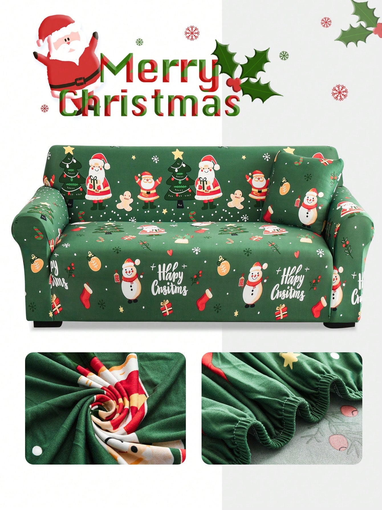 1pc Christmas Ambiance Stretch Full Coverage Sofa Cover, Santa Claus, Christmas Tree, Snowflake Pattern, Modern Polyester Fabric, Machine Washable, Suitable For Christmas Decoration Green