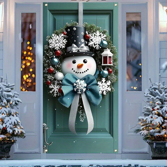 1pc Door Cover\u002FHanging Ornament, Winter Christmas Festival Snowman Door Hanging, 35.4x70.8 Inches, Polyester Christmas Wreath Pattern, Classic Style, Indoor & Outdoor Holiday Decor, Snowman Flat Printing Door Curtain, Not 3D Wreath