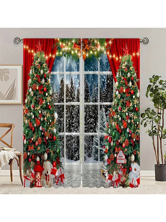 2pcs Set Christmas Tree Print Curtains - Rod Pocket Design For Living Room & Bedroom, Fade-Resistant Polyester, Machine Washable Home Decor,Christmas Decorations,Christmas Gifts Multicolor