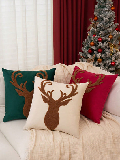 1pc Christmas Reindeer Cushion Cover,Christmas Decorative Throw Pillow Cover,18*18 Pillowcase,Soft Fleece,For Winter Decor,Living Room,Sofa Cushion Cover,Bedding Decor,Christmas Decorations Beige