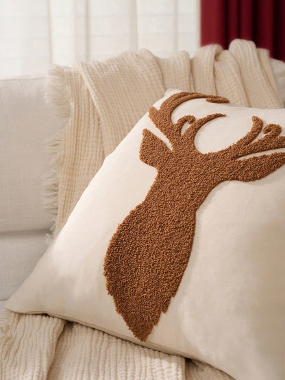 1pc Christmas Reindeer Cushion Cover,Christmas Decorative Throw Pillow Cover,18*18 Pillowcase,Soft Fleece,For Winter Decor,Living Room,Sofa Cushion Cover,Bedding Decor,Christmas Decorations Beige