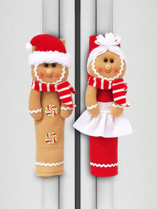 1pc Gingerbread Man Polyester Door Handle Covers - Soft Refrigerator Handle Protector, Winter Home Decor, Smudge-Proof Fridge Handle Grips, Holiday Supplies, Christmas Decor, Christmas Supplies Multicolor