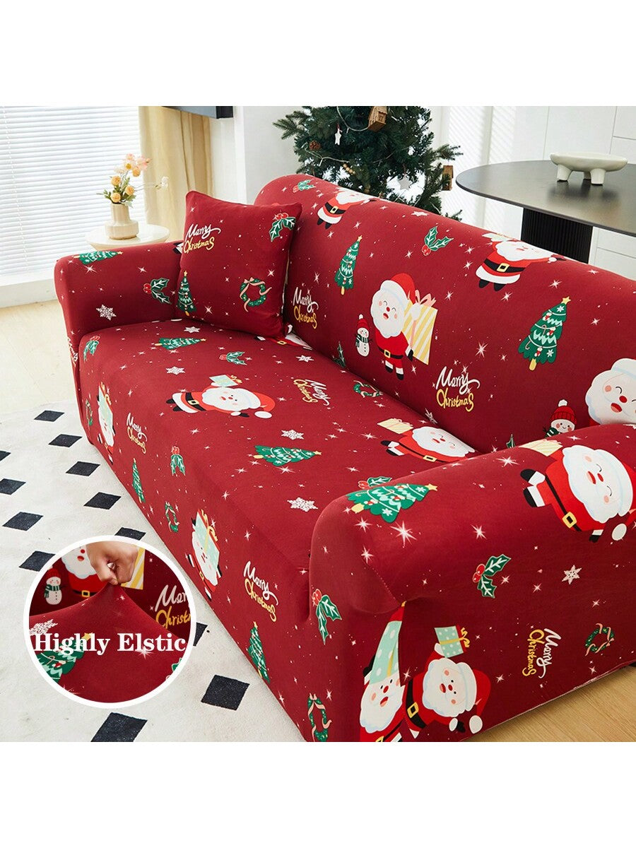 1pc Christmas Elastic Full Coverage Sofa Cover, Dust-Proof Breathable Living Room Sofa Protector, Red Christmas Fabric Sofa Slipcover Multicolor