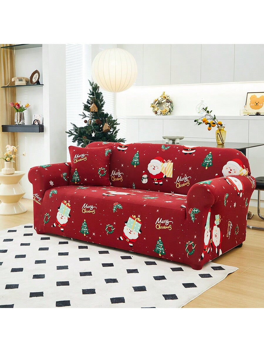 1pc Christmas Elastic Full Coverage Sofa Cover, Dust-Proof Breathable Living Room Sofa Protector, Red Christmas Fabric Sofa Slipcover Multicolor