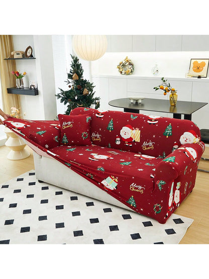 1pc Christmas Elastic Full Coverage Sofa Cover, Dust-Proof Breathable Living Room Sofa Protector, Red Christmas Fabric Sofa Slipcover Multicolor