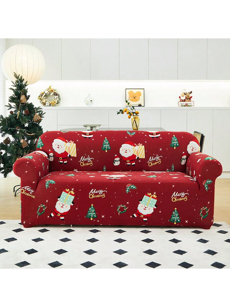 1pc Christmas Elastic Full Coverage Sofa Cover, Dust-Proof Breathable Living Room Sofa Protector, Red Christmas Fabric Sofa Slipcover Multicolor