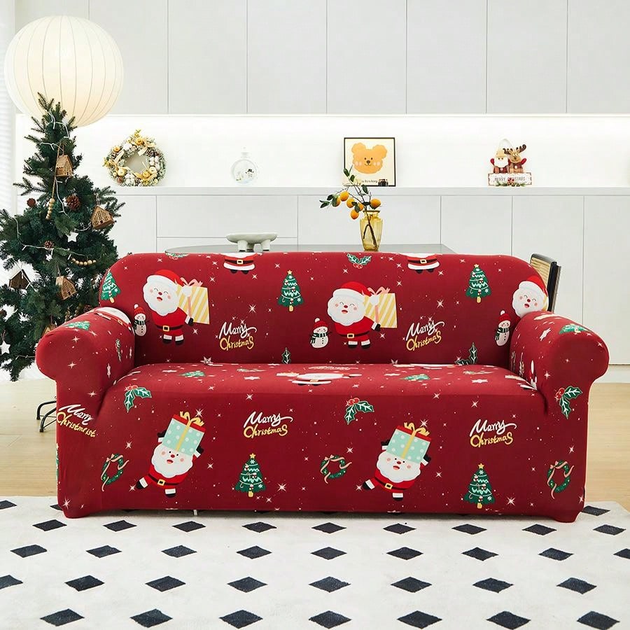 1pc Christmas Elastic Full Coverage Sofa Cover, Dust-Proof Breathable Living Room Sofa Protector, Red Christmas Fabric Sofa Slipcover Multicolor