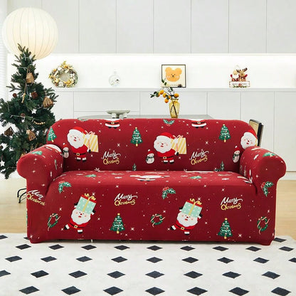 1pc Christmas Elastic Full Coverage Sofa Cover, Dust-Proof Breathable Living Room Sofa Protector, Red Christmas Fabric Sofa Slipcover Multicolor