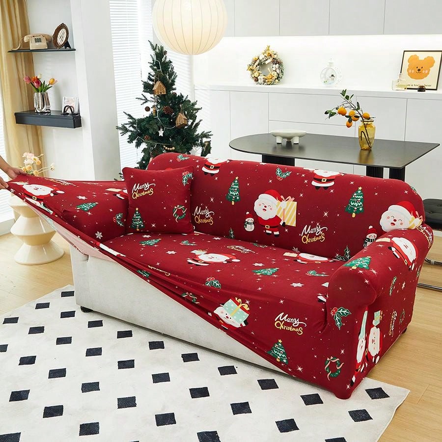 1pc Christmas Elastic Full Coverage Sofa Cover, Dust-Proof Breathable Living Room Sofa Protector, Red Christmas Fabric Sofa Slipcover Multicolor