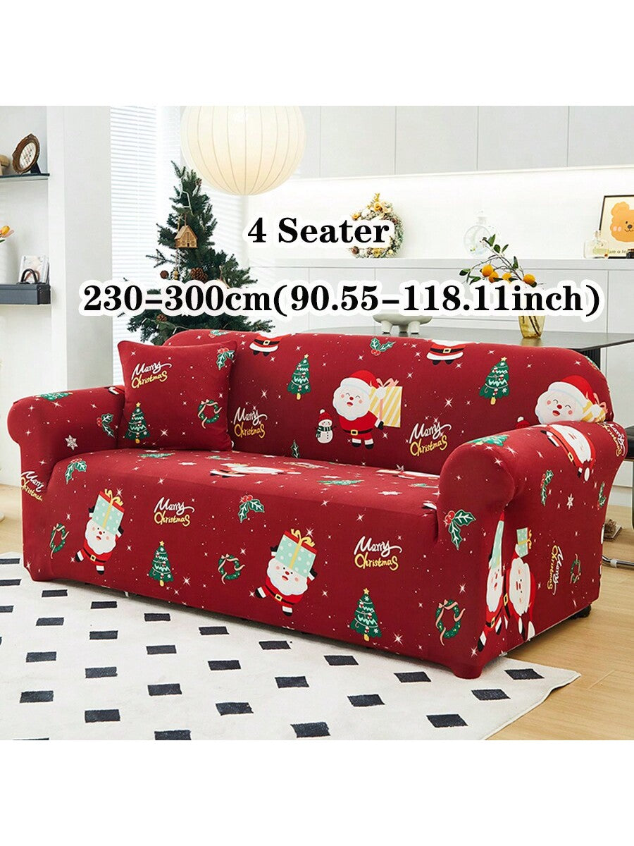 1pc Christmas Elastic Full Coverage Sofa Cover, Dust-Proof Breathable Living Room Sofa Protector, Red Christmas Fabric Sofa Slipcover Multicolor