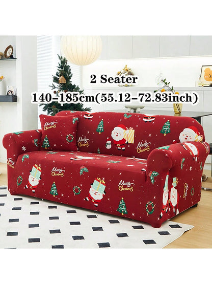 1pc Christmas Elastic Full Coverage Sofa Cover, Dust-Proof Breathable Living Room Sofa Protector, Red Christmas Fabric Sofa Slipcover Multicolor