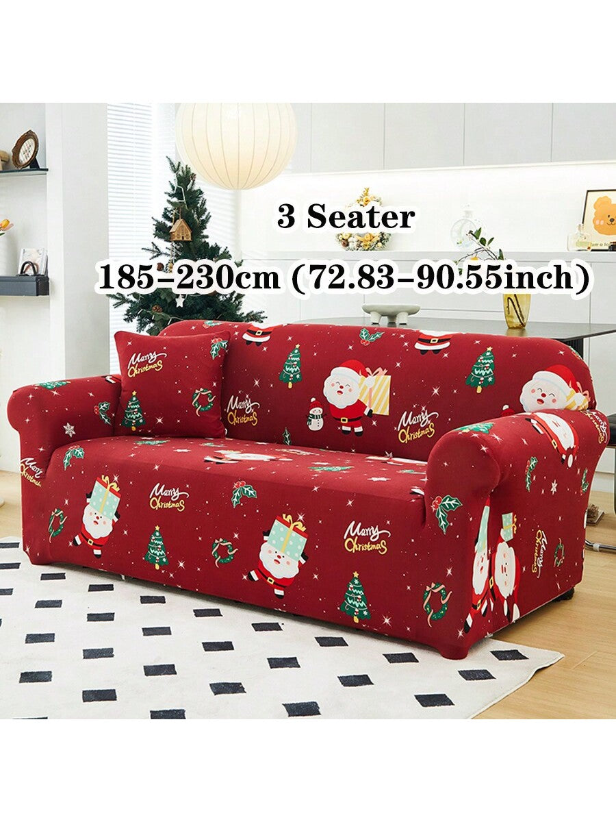 1pc Christmas Elastic Full Coverage Sofa Cover, Dust-Proof Breathable Living Room Sofa Protector, Red Christmas Fabric Sofa Slipcover Multicolor