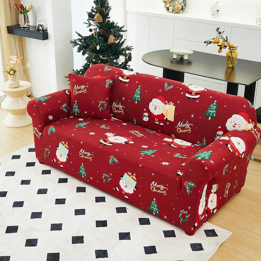 1pc Christmas Elastic Full Coverage Sofa Cover, Dust-Proof Breathable Living Room Sofa Protector, Red Christmas Fabric Sofa Slipcover Multicolor