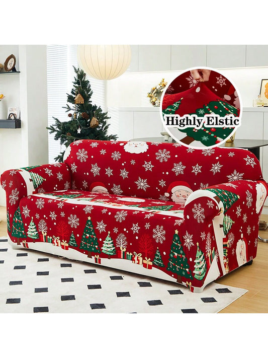 1pc Christmas Polyester Sofa Cover, Elastic Sofa Slipcover For Living Room, Pet Proof Removable Sofa Protector, Home Decor Multicolor