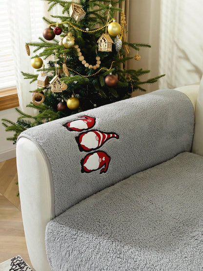 1pc Christmas Eve Sherpa Fleece Sofa Slipcover, Christmas Theme Anti-Slip Couch Protector For Christmas Decorations, Suitable For Office, Bedroom, Living Room Home Decor, All Season Grey