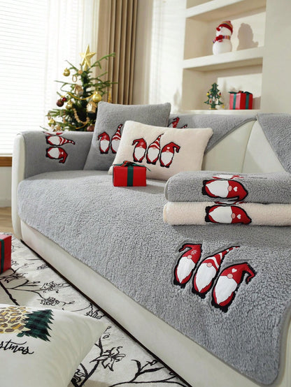 1pc Christmas Eve Sherpa Fleece Sofa Slipcover, Christmas Theme Anti-Slip Couch Protector For Christmas Decorations, Suitable For Office, Bedroom, Living Room Home Decor, All Season Grey