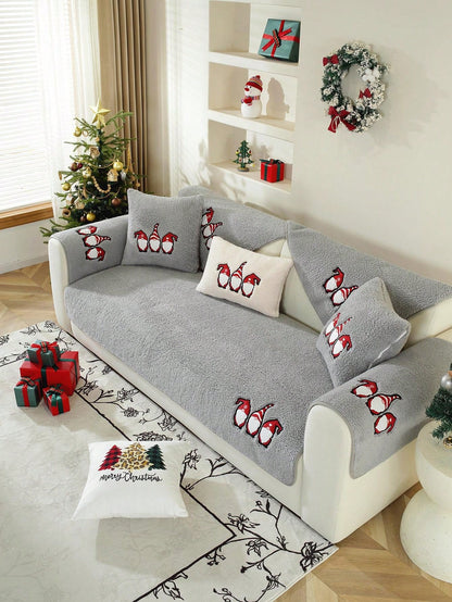 1pc Christmas Eve Sherpa Fleece Sofa Slipcover, Christmas Theme Anti-Slip Couch Protector For Christmas Decorations, Suitable For Office, Bedroom, Living Room Home Decor, All Season Grey