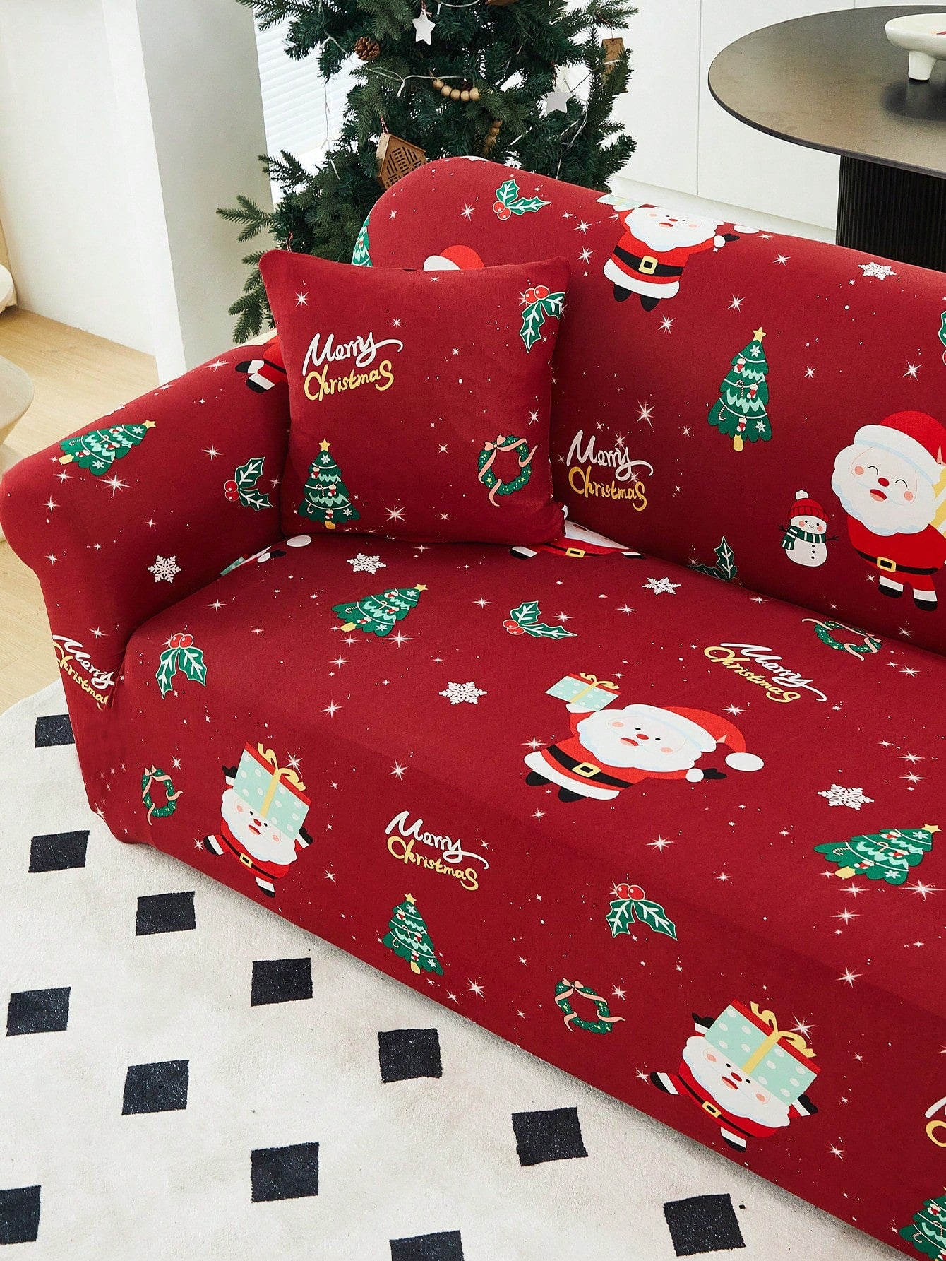 1pc Christmas Stretchable Full-Coverage Sofa Slipcover, Made Of Modern Polyester Fabric, Machine Washable, For Holiday Decoration Red