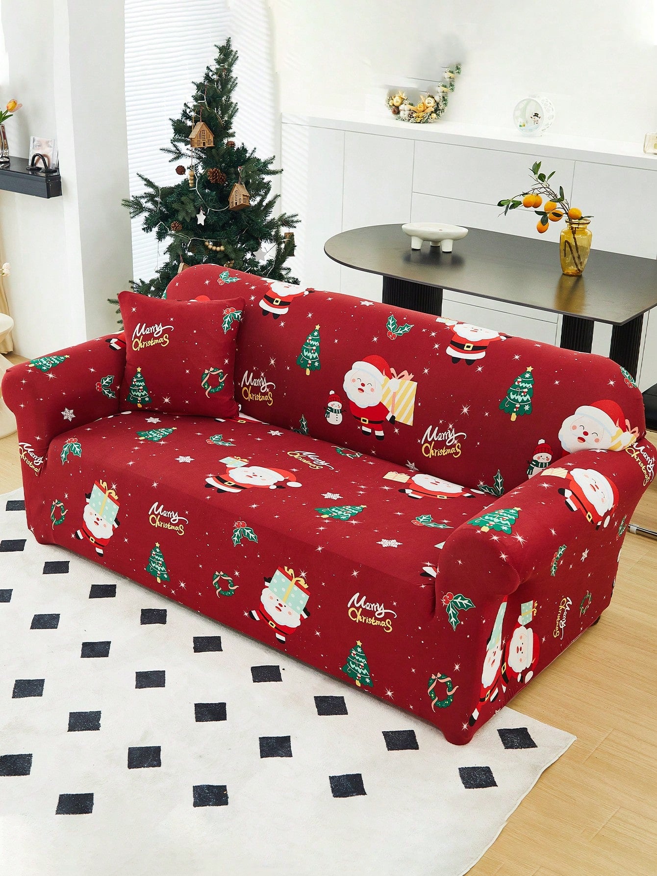 1pc Christmas Stretchable Full-Coverage Sofa Slipcover, Made Of Modern Polyester Fabric, Machine Washable, For Holiday Decoration Red