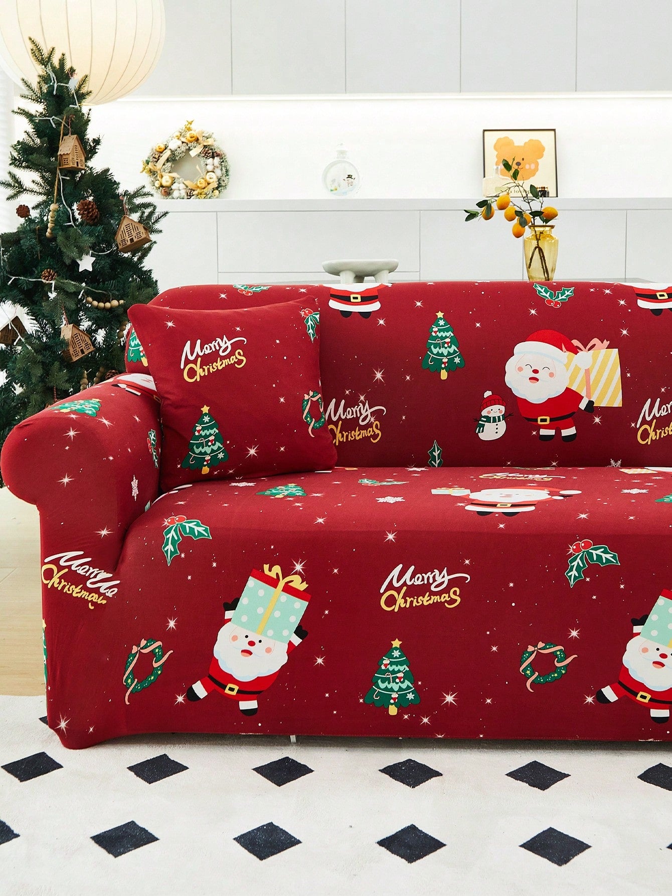 1pc Christmas Stretchable Full-Coverage Sofa Slipcover, Made Of Modern Polyester Fabric, Machine Washable, For Holiday Decoration Red