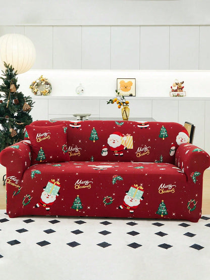 1pc Christmas Stretchable Full-Coverage Sofa Slipcover, Made Of Modern Polyester Fabric, Machine Washable, For Holiday Decoration Red