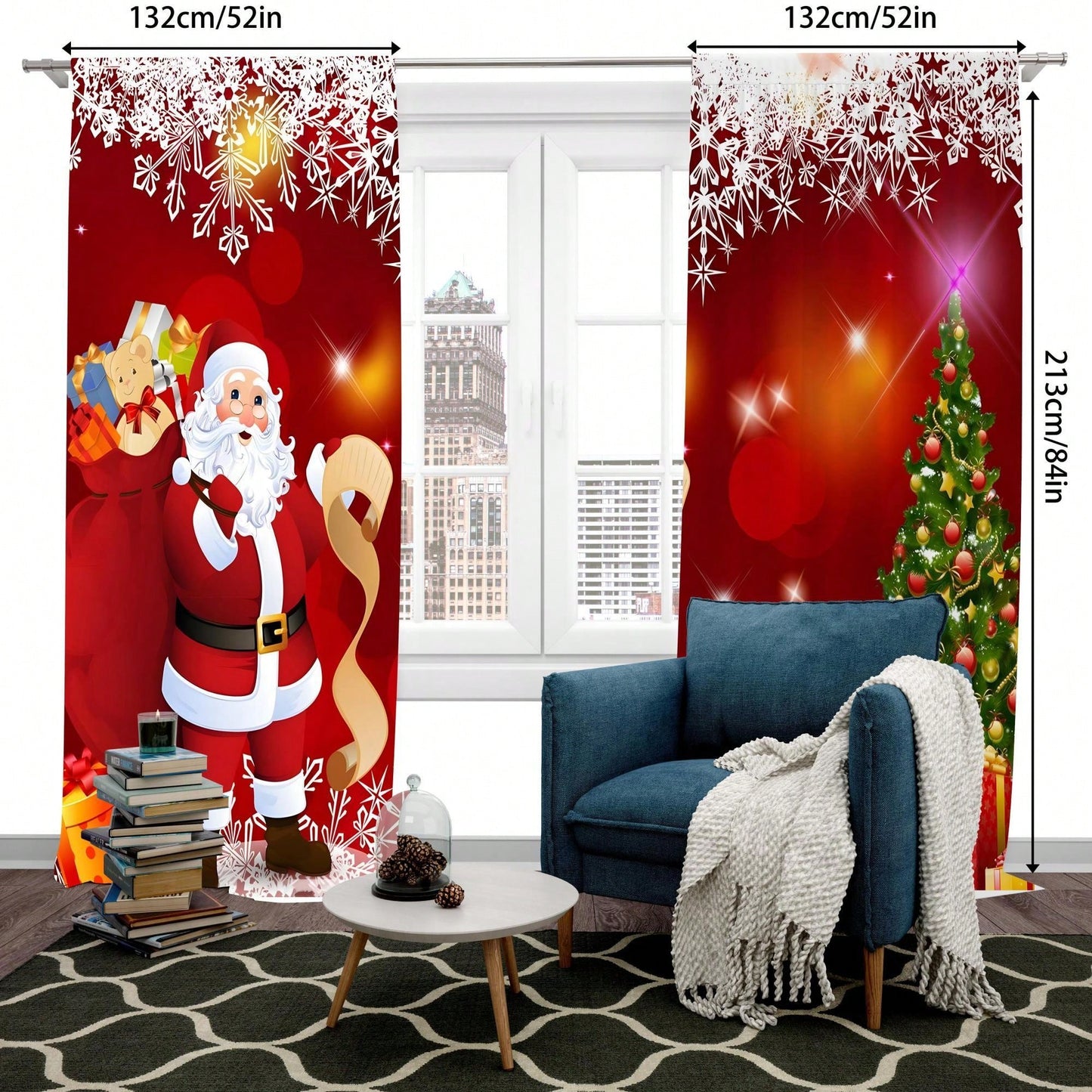 2pcs Santa Claus Decoration Curtains, Rod Pocket Installation, 100% Polyester, Lightweight And Easy Install, Suitable For Bedroom Living Room Kitchen Decoration Santa Claus