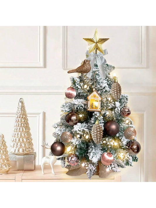 22in Mini Christmas Tree With Light Artificial Small Tabletop Woodland Christmas Decoration With Flocked Snow; Exquisite Decor & Xmas Ornaments For Table Top For Home & Office Green