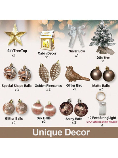 22in Mini Christmas Tree With Light Artificial Small Tabletop Woodland Christmas Decoration With Flocked Snow; Exquisite Decor & Xmas Ornaments For Table Top For Home & Office Green