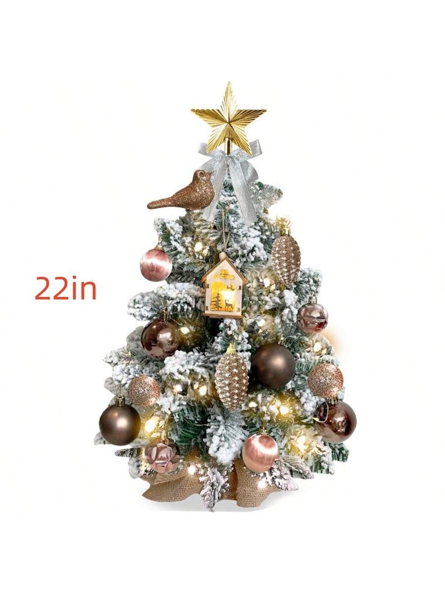 22in Mini Christmas Tree With Light Artificial Small Tabletop Woodland Christmas Decoration With Flocked Snow; Exquisite Decor & Xmas Ornaments For Table Top For Home & Office Green