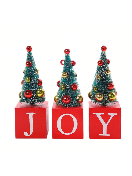 3PCS 12*4cm Christmas Tree Table Ornaments Colorful Creative Letter Wooden Christmas Desktop Decorations For Home Holiday Red