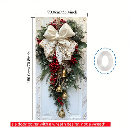 Classic Christmas Door Hanging Decor - Polyester Wreath with Bells, Bow & Flowers - Indoor\u002FOutdoor Holiday Decoration - No Power Needed - 35.4x70.8 Inches