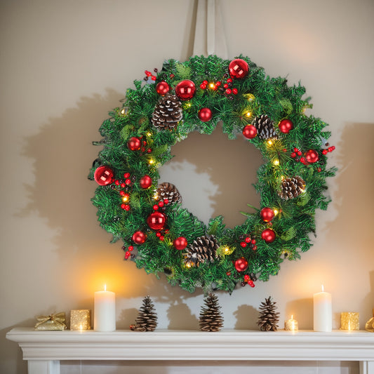 Pre-Lit Artificial Christmas Wreath, White Light 30, 8 Model, Decorated With Pine Cones, Berry Clusters And Frosted Branches, Christmas Collection, 22\