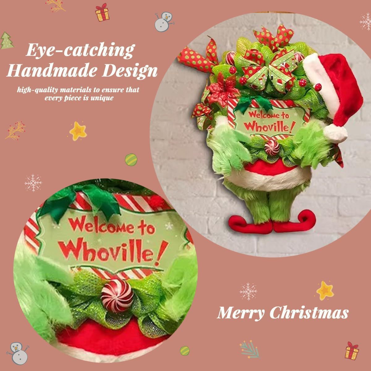 1pc Whoville Handcrafted Christmas Wreath - Door Mount Plastic Green Elf Thief Design with Welcome Sign, Festive Home Decor for Indoor\u002FOutdoor Use, No Electricity or Feathers Required