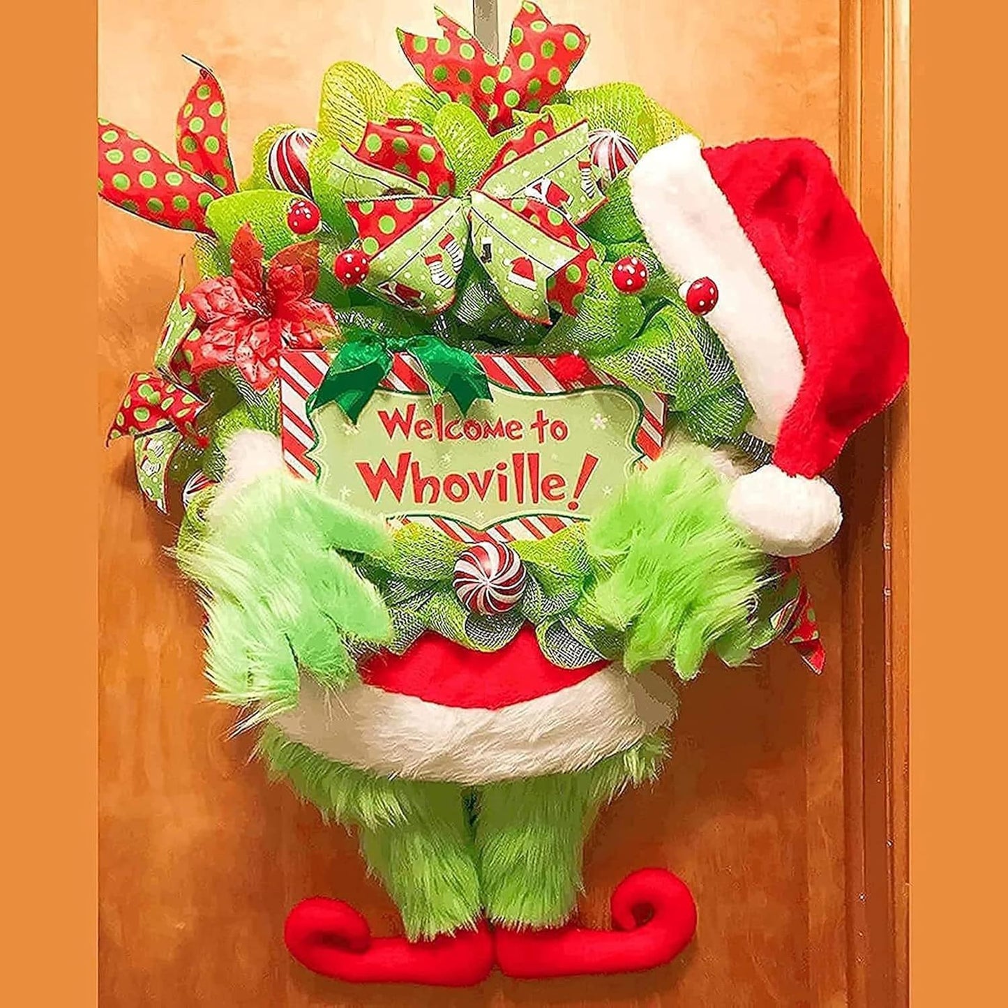 1pc Whoville Handcrafted Christmas Wreath - Door Mount Plastic Green Elf Thief Design with Welcome Sign, Festive Home Decor for Indoor\u002FOutdoor Use, No Electricity or Feathers Required