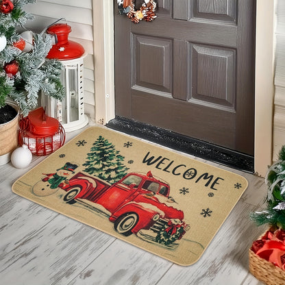 Christmas Truck Door Mat 17 X 29 Inch, Christmas Front Doormat Xmas Welcome Mat Christmas Festival Carpet Non-Slip Indoor\u002FOutdoor Entrance Decoration