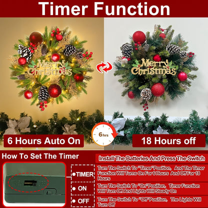 1pc TURNMEON 16 Inch Pre-Lit Christmas Wreath with Timer, 40 LED Lights, \