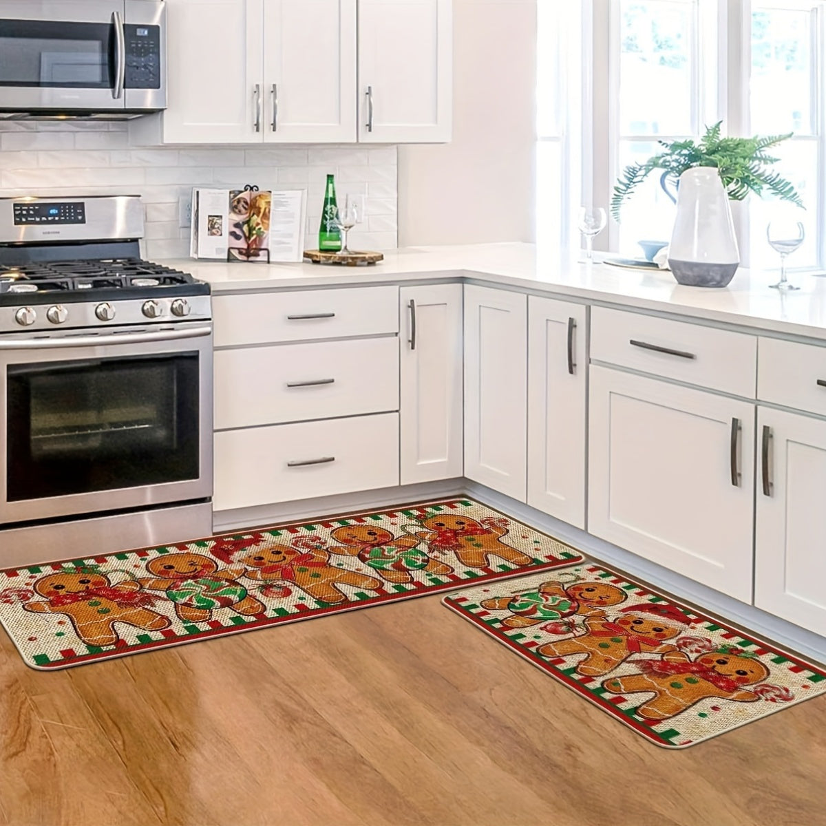 2pcs Gingerbread Candy Cane Christmas Kitchen Mats, Non-Slip Polyester with Rubber Backing, Rectangular Holiday Home Decor, Machine Washable, 15.75inch*23.62inch\u002F15.75inch*47.24inch, Festive Kitchen Carpet for Winter Decor