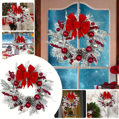 17.7in, Front Door Christmas Wreath Decoration, Handmade Pine Cone Balls With Garland, Red Berry With Bow, Christmas Gift, Reusable, Durable Christmas Wreath For Wall Window, Christmas Decoration, Bedroom