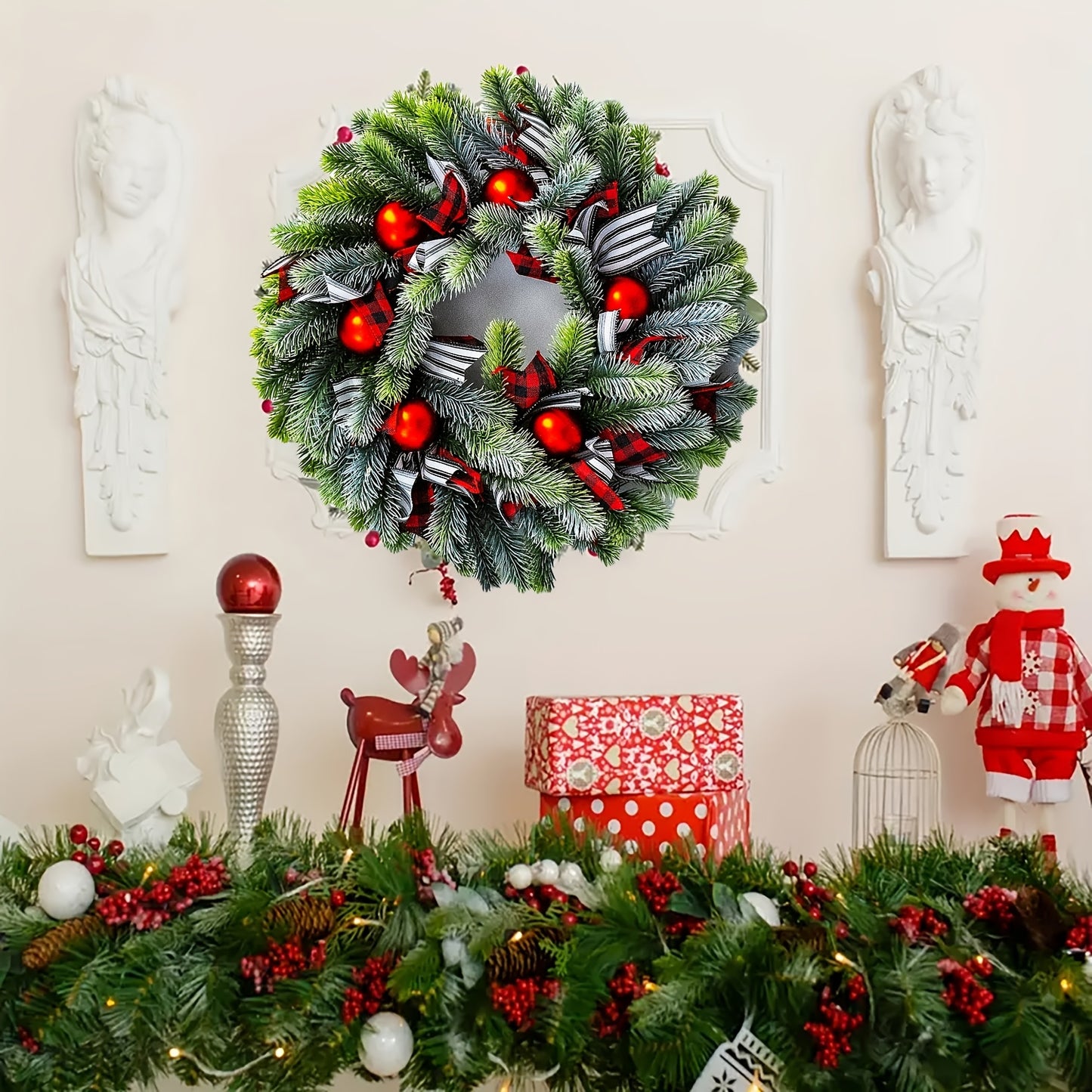 16 Inch Christmas Wreath, Classic Christmas Wreath, Holiday Decoration, Suitable For Christmas, Home Party