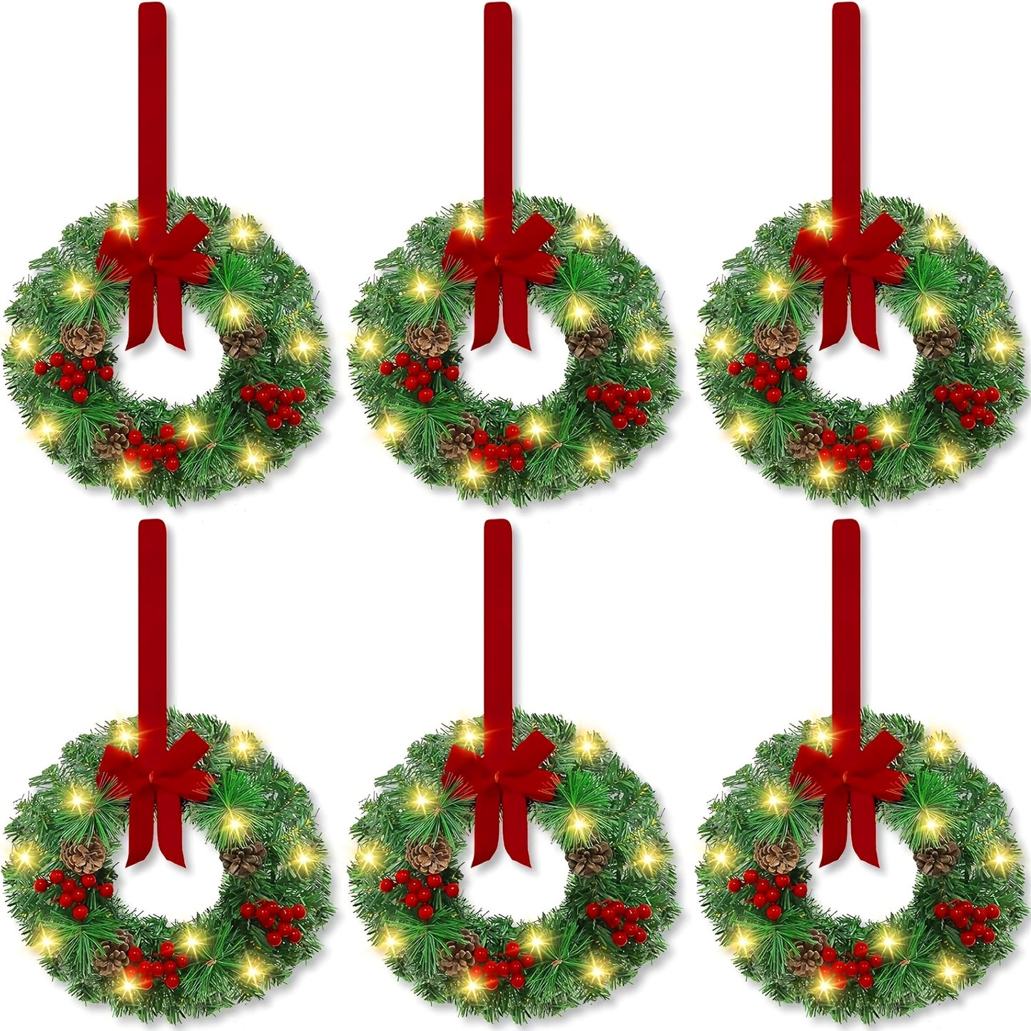 6pcs Mini Christmas Wreaths with Lights - 9.5\