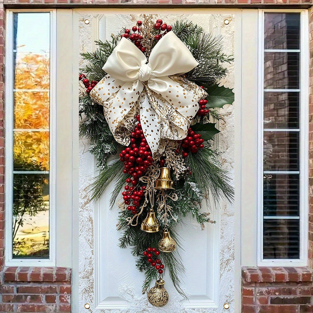 Classic Christmas Door Hanging Decor - Polyester Wreath with Bells, Bow & Flowers - Indoor\u002FOutdoor Holiday Decoration - No Power Needed - 35.4x70.8 Inches